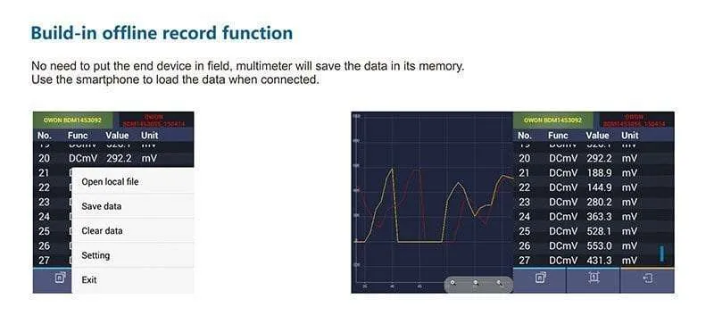  Build-in offline record function.No need to put the end device in field, multimeter will save the data in its memory.  Use the smartphone to load the data when connected.